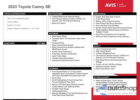 2023 Toyota Camry Se Night Shade z USA, uszkodzony, nr VIN 4T1G11AK5PU815004